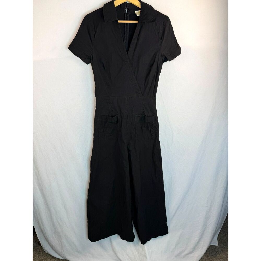 Maeve by Anthropologie Colette Collar Wrap Black Wide Leg V-Neck Jumpsuit Size 6
